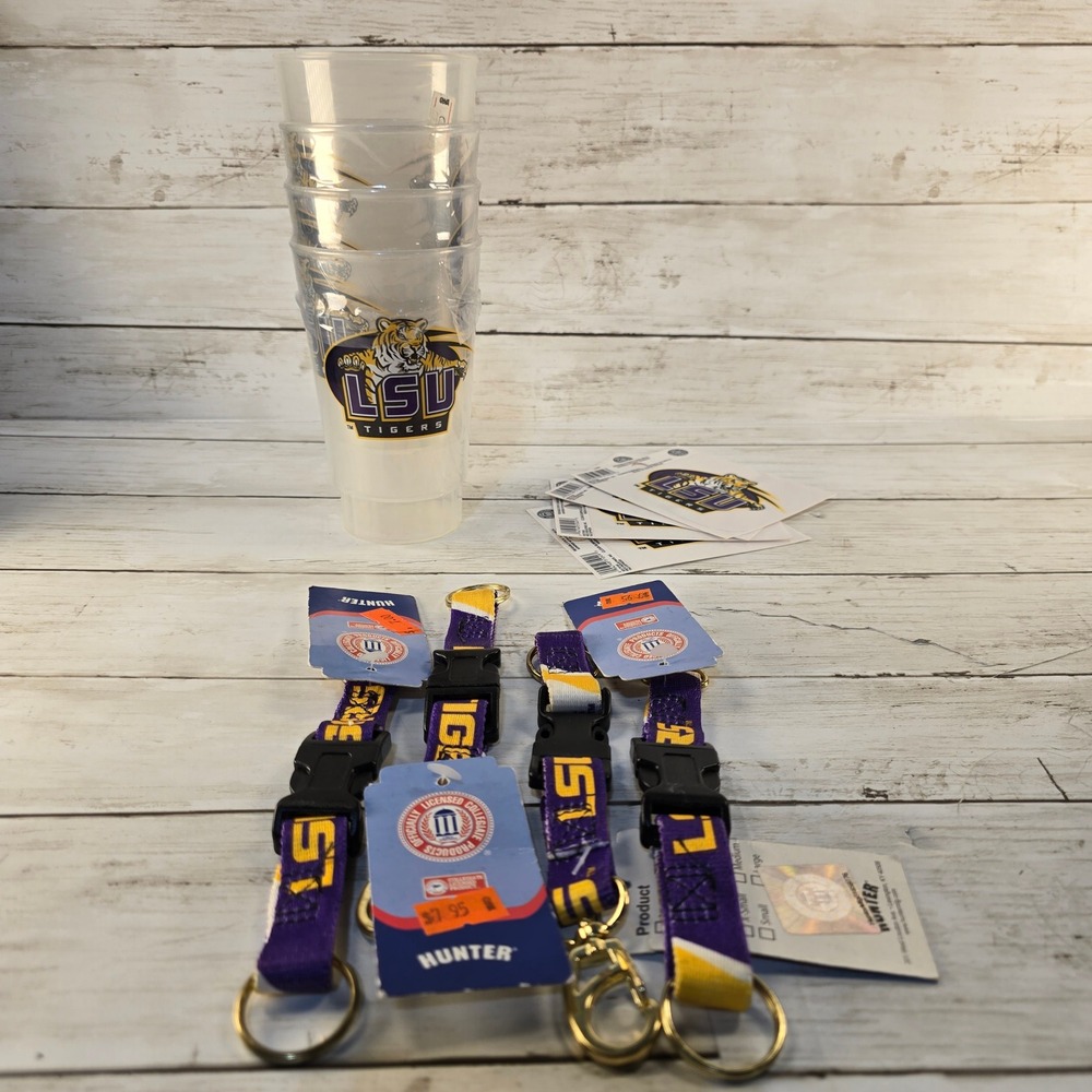 NWT LSU Tigers Fan Bundle 4 Stadium Cups 4 Static Decals 4 Key Loop Lanyards
